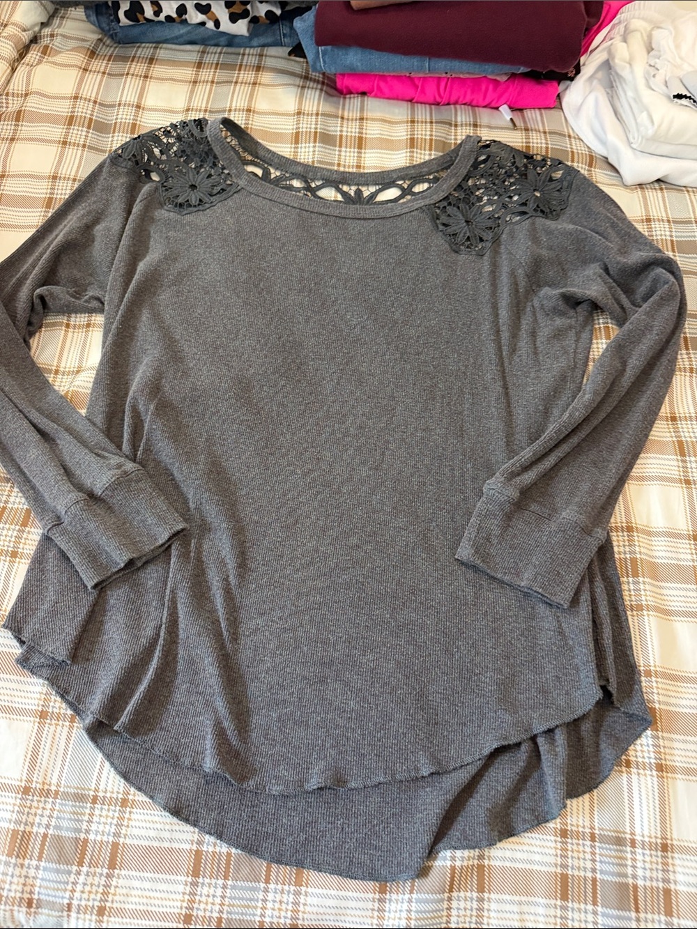 torrid Charcoal Gray Long-Sleeve Top with Crochet Shoulder Detail